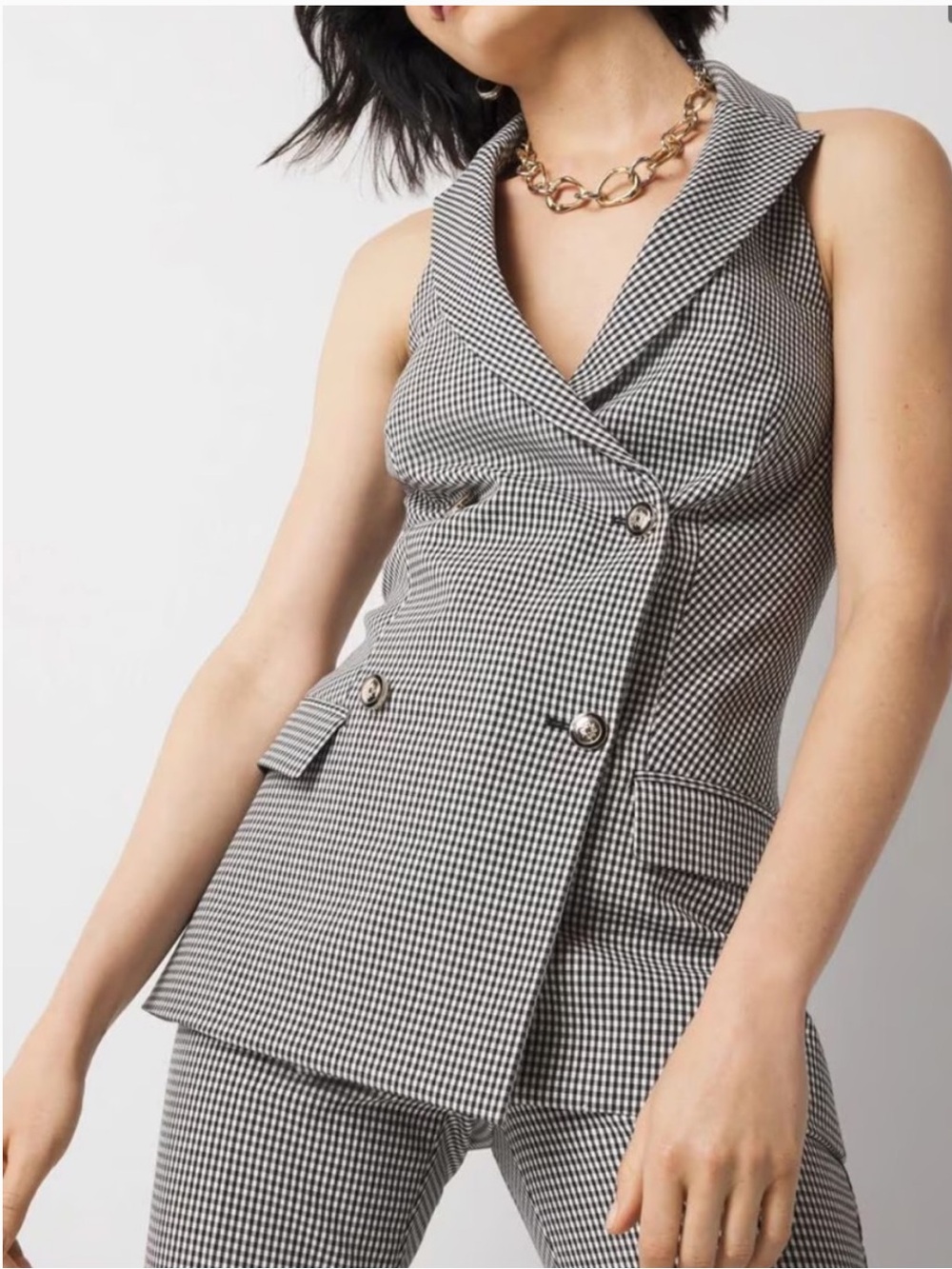 White House Black Market Black Gingham Sleeveless Blazer Double-Breasted - Picture 2 of 10